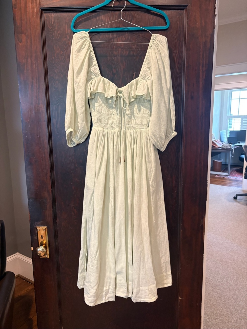 Free People Pastel Mint Green Midi Dress with Ruffle Neckline